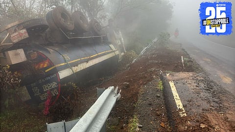 Emergency response in Tamhini Ghat after acid tanker overturns; smoke from chemical spill causes panic.