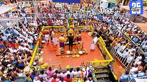 Shani idol adorned with a divine mask and ornaments as two lakh devotees gather for Shani Jayanti darshan.