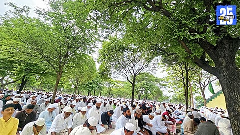 Devotees offering Eid prayers at a mosque in Satara; Bakri Eid celebrated with devotion and harmony.
