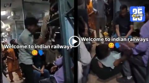Two Indian railway passengers engage in a dramatic seat dispute in a general coach, resembling a WWE wrestling match — a moment captured on video and now viral