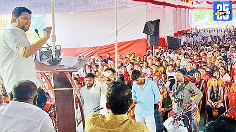 Minister Radhakrishna Vikhe Patil declares rightful homes for displaced families at a public gathering.