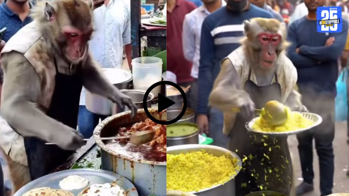 A monkey at a food stall surprisingly serves bhaji, bhakri, and poha to customers as people gather to watch and record the unusual scene.
