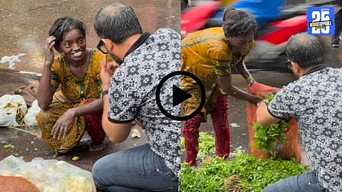 A young man help woman selling vegetables in heavy rain, winning hearts online for his compassionate gesture.
