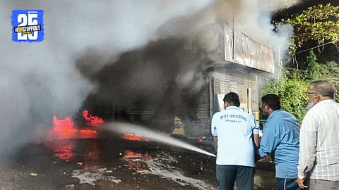 Grocery store in Karad engulfed in flames; fire brigade operations continue to douse the fire.