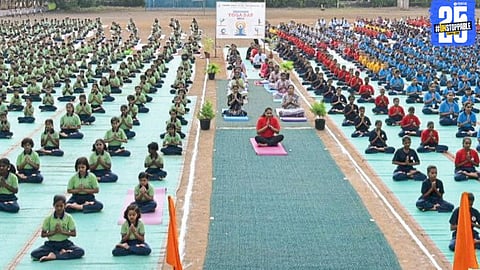 Mass yoga session held at Pravara Education Campus with 40,000 participants on International Yoga Day.