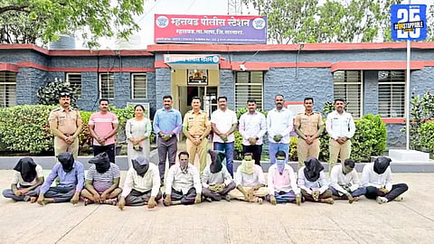 Mhaswad Police arrest 11 in gambling raid at Varkute-Malwadi; seized cards and cash as evidence.