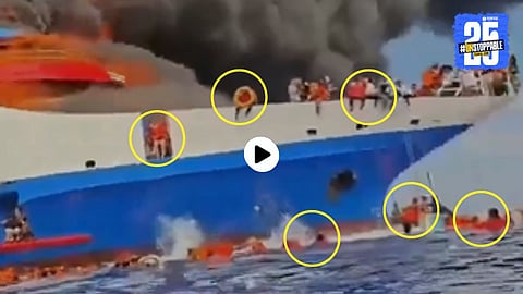 A screenshot from the viral video shows terrified passengers jumping into the sea as the ferry KM Barcelona V bursts into flames near Talis Island, Sulawesi