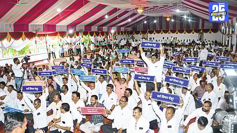 Guruji remains unusually silent during the dramatic Ahilyanagar Teachers Bank AGM; ruling panel’s smart move unsettles the opposition.