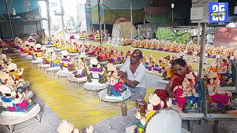 Jorvekar family members giving final painting touches to Ganesh idols; over 2,000 ready for this year's Ganeshotsav.