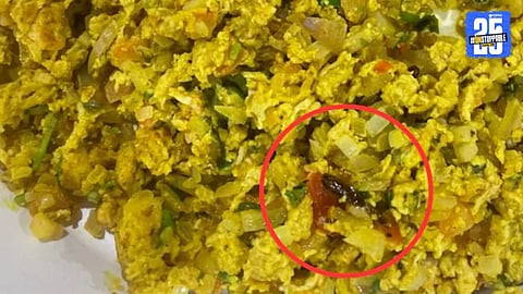 "Customer shares shocking image of dead cockroach found in egg bhurji at Goodluck Cafe along with bill as proof, triggering major hygiene backlash."

