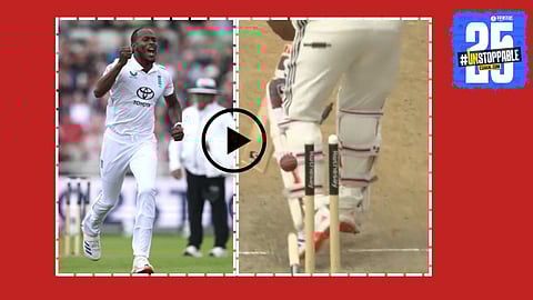 Jofra Archer delivers a blazing fast ball to clean bowl Rishabh Pant — the stumps fly in the air capturing a dramatic cricket moment.


