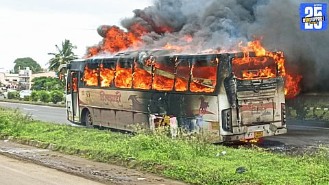 Charred remains of a Shivshahi bus near Bhuinj after a fire caused by tyre friction; passengers escaped safely.
