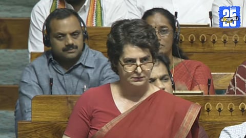 Priyanka Gandhi addressing the media over the recent Pahalgam terror attack, questioning government accountability and drawing parallels to the 26/11 incident.
