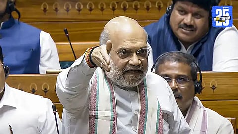 Union Home Minister Amit Shah addressing the Parliament during the Monsoon Session, sharply criticizing former Prime Minister Nehru and Congress on historical national security decisions including the 1962 war and PoK issue.