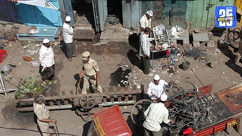 The aftermath of the 2008 Malegaon bomb blast near Bhikku Chowk, showing police presence and public panic during Ramadan rush; over 7 people, including a young girl, lost their lives in the tragic incident.


