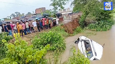 Wrecked car being pulled from the canal after the fatal accident in Uttar Pradesh’s Banda district; 11 people lost their lives.