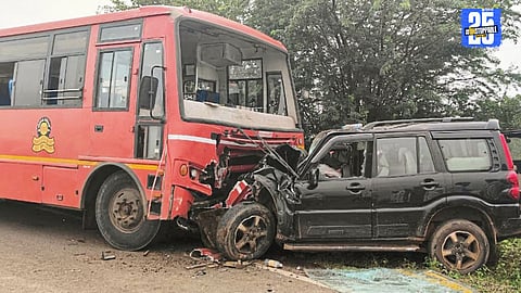Wreckage of the ST bus and car involved in a deadly collision on the Madha-Kurduwadi road; rescue operations underway.