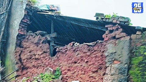 Scenes from Dhebewadi where heavy rains caused severe house damage, leaving families without shelter.