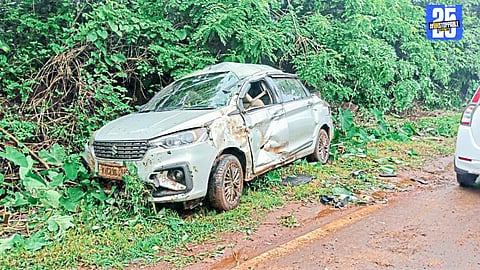 Overturned car in Madyachiwadi after driver swerved to avoid buffalo; youth killed, driver injured.