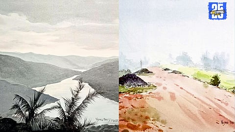 Artist Vishnu Parit presenting breathtaking nature-inspired paintings at the Gangrai workshop.