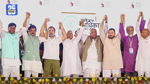 “Rahul Gandhi addressing people during the launch of ‘Voter Rights Yatra’, pledging to defeat electoral fraud.”