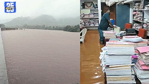 "Waterlogging in Chiplun as heavy rains flood the construction office and raise river levels."