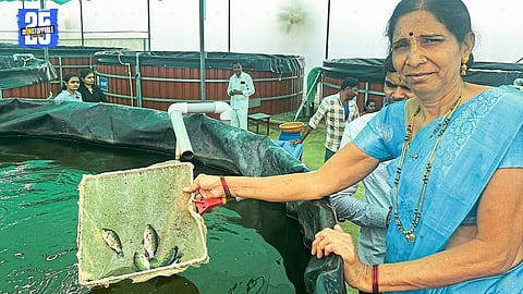"Pushpalata Dighe oversees her innovative fishery project in Jorve powered by NARPAP water management system."