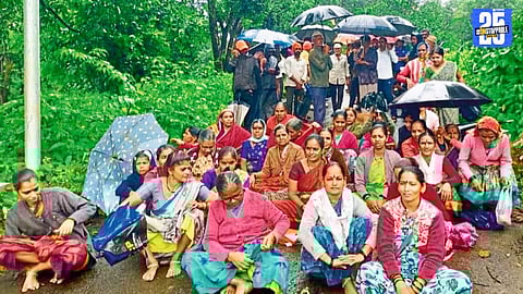 “Bondarwadi villagers, including women and youth, staging a protest sit-in against the trial pit work in Satara district.”