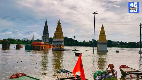 Floodwaters of Chandrabhaga river surround temples in Pandharpur after heavy rains in Ujani and Veer dam catchment areas.