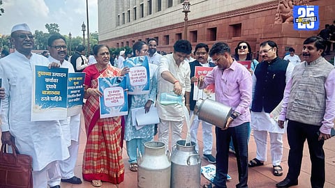 INDIA bloc MPs protest outside Parliament, demanding fair milk rates and strict action against adulteration.