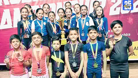 "Dhruv aerobics team celebrates after winning 27 medals, including 4 golds, at the state championship in Pune."