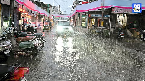 Heavy rains in Ahilyanagar disrupt afternoon routines; school students seen rushing in downpour.