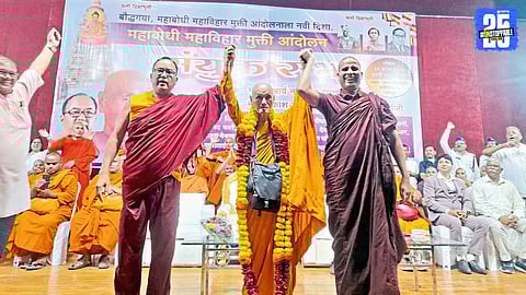Buddhist monks Bhante Surai Sasai, Bhante Akash Lama, and Bhante Vinayacharya unite on Dhammamanch for liberation of Mahabodhi Mahavihara.