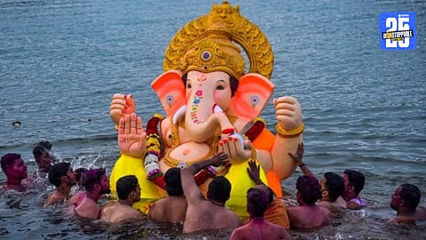 Devotees bid farewell to Lord Ganesha during Ganesh Visarjan 2025 with dhol-tasha, gulal, and massive processions in Mumbai and Pune.