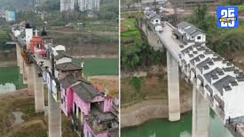 A colorful township built on a 400-meter bridge in Chongqing, China, attracting global tourists with its unique floating village charm.