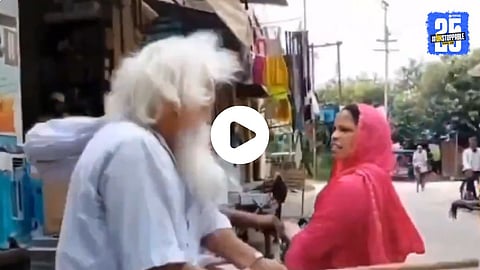 Video grab shows BJP MP Mukesh Rajput’s sister Reena Singh being attacked with a stick by her father-in-law Lakshman Singh on a public road in Kasganj, Uttar Pradesh.