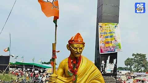 Gandhi Statue With BJP Cap At NDA Camp Triggers Political Row