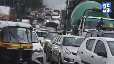 Vehicles stranded in long traffic jams on the Pune-Solapur Highway after heavy rainfall and waterlogging.