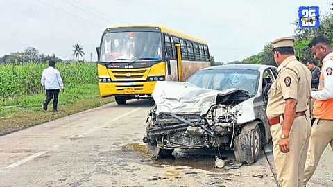 "Car and tempo collision near Yogewadi claims two lives, injures three others."