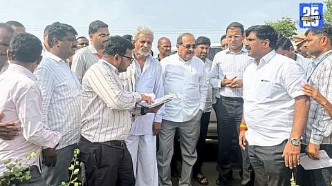 Guardian Minister Radhakrishna Vikhe inspecting crop damage, suggests drone cameras for panchnama in Shevgaon-Pathardi.”