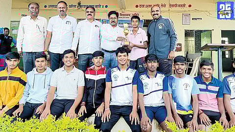 Maloji Raje School volleyball team wins second place in Ahire taluka-level tournament with 32 teams competing.