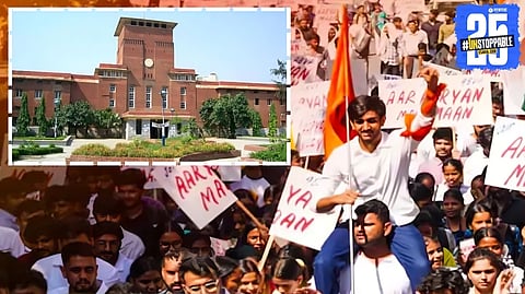 ABVP celebrates after winning four seats while NSUI manages one in the Delhi University elections 2025.