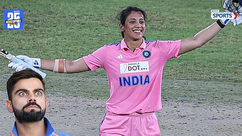 Smriti Mandhana celebrates record-breaking 50-ball century, surpassing Virat Kohli’s fastest ODI hundred for India.