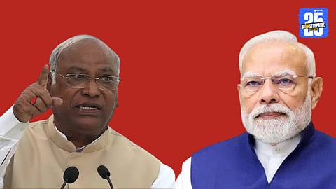 PM Modi addressing the nation on GST reforms while Mallikarjun Kharge criticizes it as ‘Gabbar Singh Tax’.
