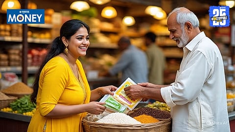 A shopper checking GST bill details at a store to confirm reduced GST rates under the new tax reform.