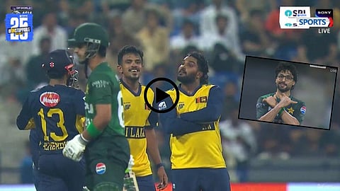 Hasaranga copies Abrar Ahmed’s celebration after dismissing Saim in PAK vs SL Asia Cup 2025 clash.