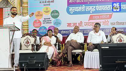 Minister Jaykumar Gore addressing villagers at Gondavle during the launch of the Samruddha Panchayatraj Abhiyan under the Gram Samruddhi Campaign.
