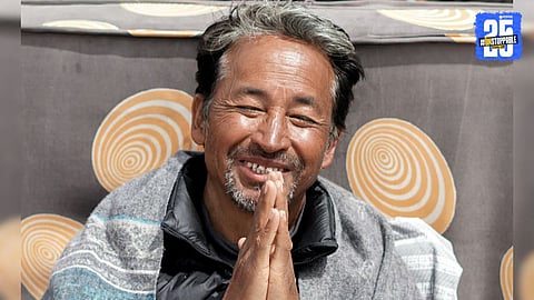 Environmental activist Sonam Wangchuk addressing supporters in Ladakh before the government cancelled his NGO’s FCRA license citing foreign funding violations.