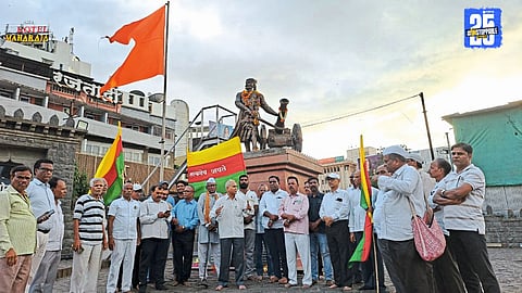 Members of Satyashodhak Samaj during the flag procession in Satara, paying tribute at Shivaji Maharaj’s statue.