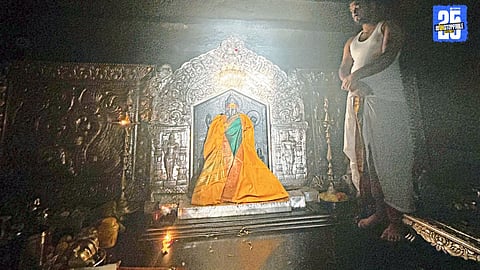 "Sun rays blessing Goddess Mahalaxmi during the Kironotsav at Bhuinj temple."